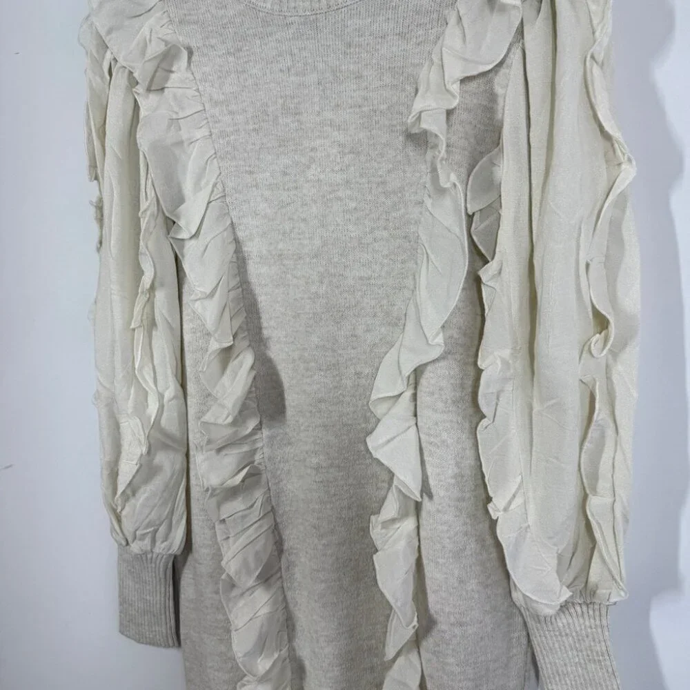 FIGARO Beige Sweater Long Sleeve Ruffle Knit Mini Dress  Quiet Luxury Size 2